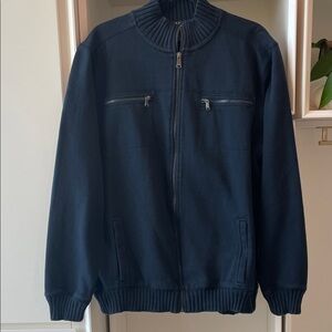 Calvin Klein Men's Navy Bomber Sweater Jacket. Rib Knit Trim. Heavy fleece. EUC